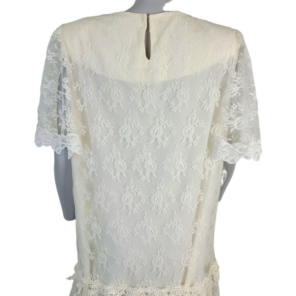 Vintage 80s Lace Midi Dress Women 12 Cream 20s Style Formal Wedding Retro Summer - Picture 12 of 13